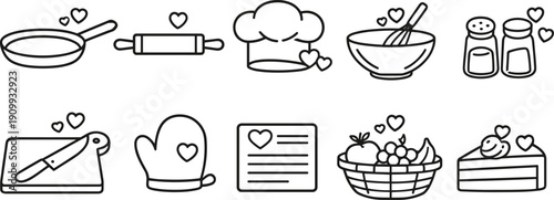 Collection of baking and cooking icons with hearts, representing love for food and culinary arts