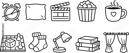 Collection of cozy home icons: alarm clock, pillow, clapperboard, popcorn, mug, board game, socks, lamp, books, curtains