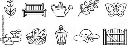 Collection of charming garden icons for a whimsical outdoor scene
