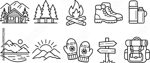 Collection of outdoor adventure and camping icons in a simple line art style