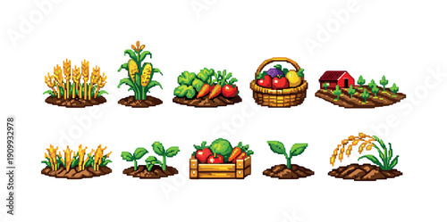 Agriculture, farming pixel icon set. harvest, vegetables pixel art icons collection