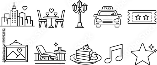 Collection of simple line art icons representing city life, romance, leisure, and entertainment