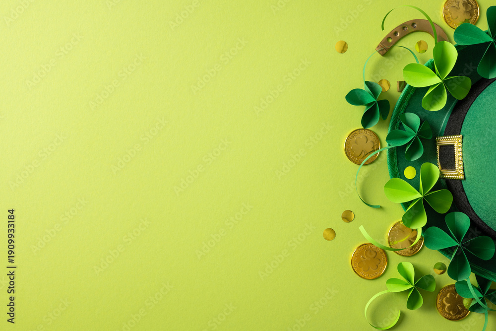 Obraz premium Vibrant vertical Saint Patrick scene with a green hat gold buckle shamrock accents and coin details evokes luck celebration and festive mood for Saint Patrick’s Day greetings