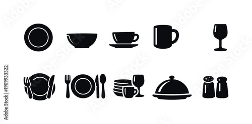 Kitchen essentials silhouette icon set for dining and cooking needs