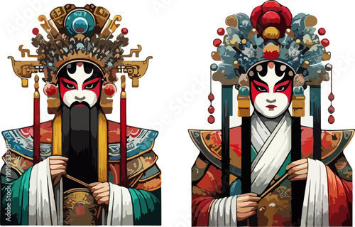 Collection of Six Ancient Chinese Peking Opera Performers in Luxurious Traditional Robes with Intricate Embroidery and Decorative Headpieces