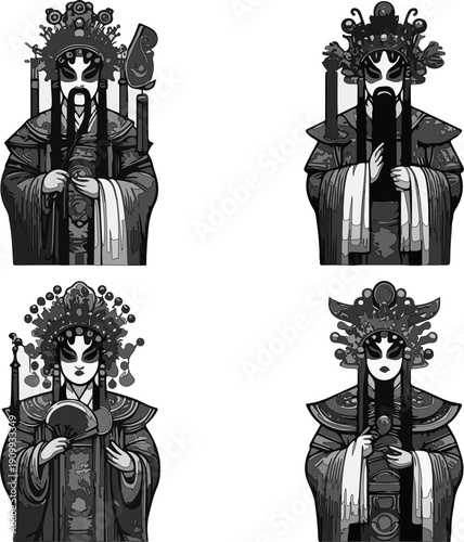 Collection of Six Ancient Chinese Peking Opera Performers in Luxurious Traditional Robes with Intricate Embroidery and Decorative Headpieces