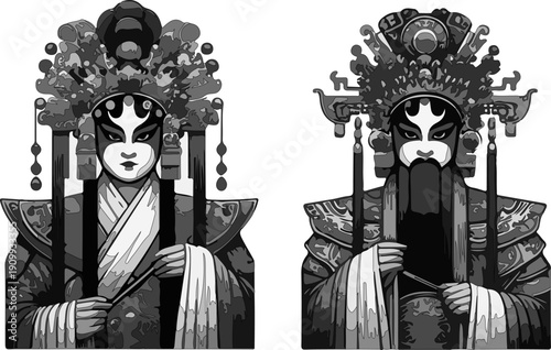 Collection of Six Ancient Chinese Peking Opera Performers in Luxurious Traditional Robes with Intricate Embroidery and Decorative Headpieces