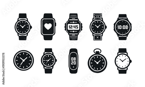 Watches silhouette icon set. analog, digital, smartwatches collection