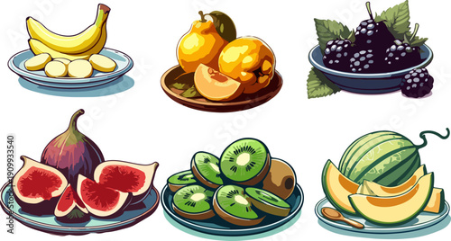 Comprehensive bundle of colorful fruit stickers and sliced fruit elements including oranges, lemons, and pears for refreshing summer themed designs and kitchen decor.