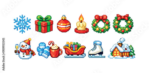 Christmas, holiday pixel icon set. winter festive pixel art icons collection