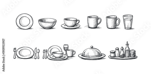 Dining, kitchenware outline icon set. plates, cutlery, glassware, table setting icons