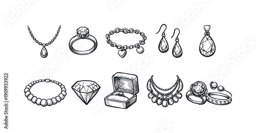 Jewelry sketch outline icon set. vintage, decorative accessories, fashion collection