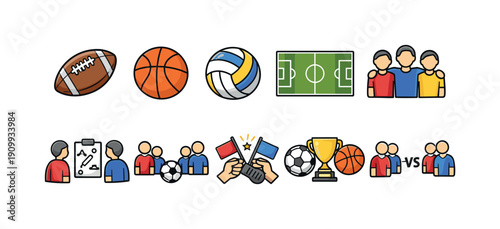 Sports, team activities filled icon set. football, basketball, volleyball icons collection