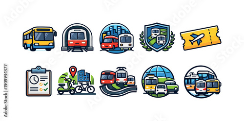 Transportation and travel outline icon set. vector symbols for journeys and commuting.