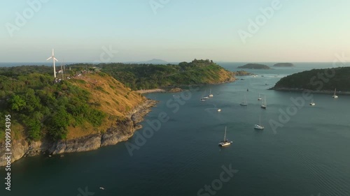 Aerial view of Promthep Cape in Phuket with boats and coastline