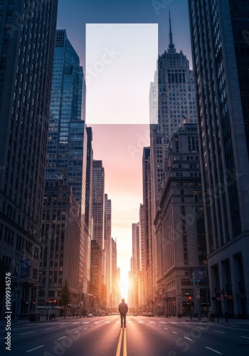 A solitary figure stands centered on a massive, empty urban street canyon at dawn, emphasizing silence and overwhelming scale and architecture, miniature, massive, horizontal