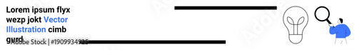 Innovation, problem solving, creative thinking, research, brainstorming, discovery. Lightbulb and magnifying glass with a person viewing closely. Innovation and problem solving