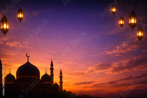 Ramadan background with mosque silhouette at sunset, glowing twilight sky with orange and purple gradient, soft clouds, small hanging decorative lantern lights, subtle warm light glow, no text