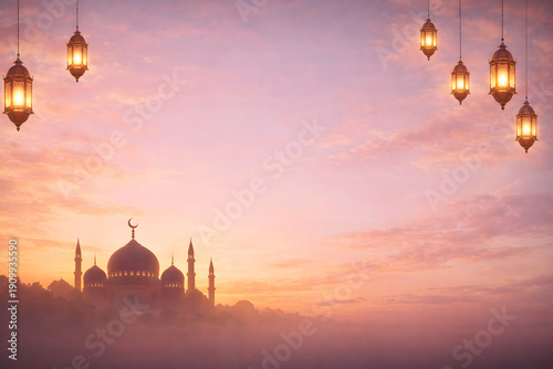 Ramadan theme background with mosque silhouette, pastel sunset sky with soft pink and gold tones, light clouds, small decorative Ramadan lantern lights glowing gently, no text, no people