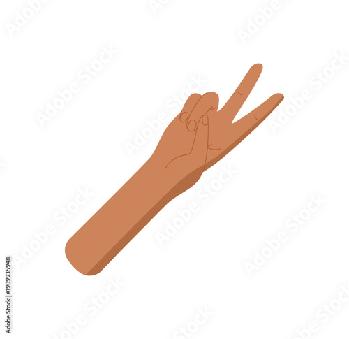 Bare hand with two raised fingers sticker. Flat cartoon arm with palm gesture expressing the count number two. Human hand signal isolated, graphic format, practical for math or education use.