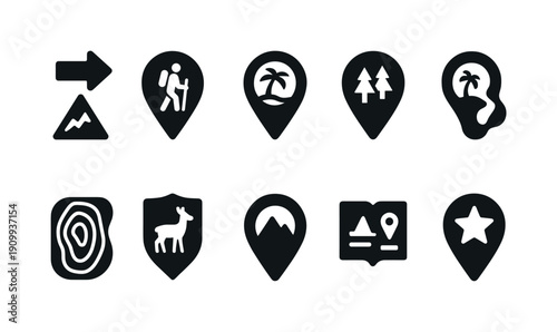 Nature, adventure silhouette icon set. Hiking, camping, outdoor elements collection