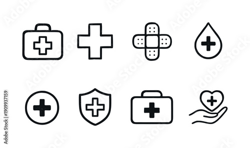 Medical outline icon set. Healthcare, first aid, medical supplies linear icons collection