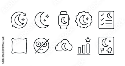 Night, sleep outline icon set with cloud, moon, and checklist symbols