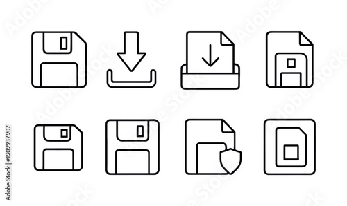 Save, download, storage line icon set. Data management icons collection