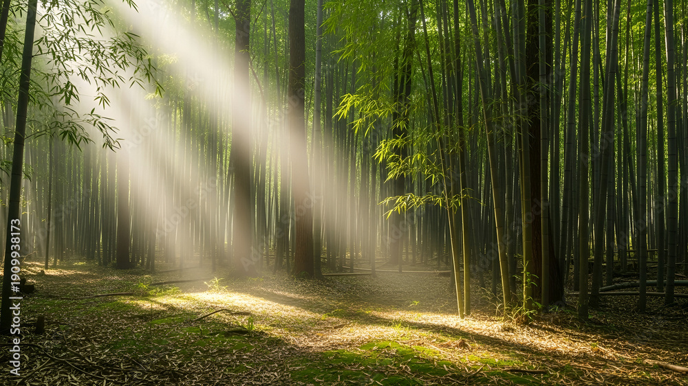 Obraz premium Sunbeams filtering through a dense bamboo forest creating a serene and magical atmosphere with dappled light on the forest floor