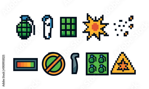 Military, combat pixel icon set. Explosive, tactical equipment icons outline collection