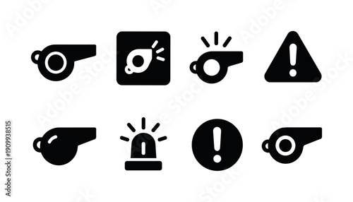 Alerts and notification solid icon set. Whistle, alarm, warning solid icons collection