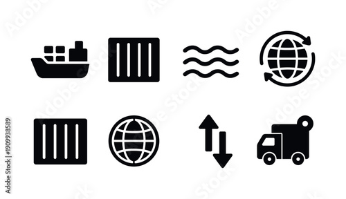 Shipping and logistics solid icon set. Delivery, freight, transport icons solid collection