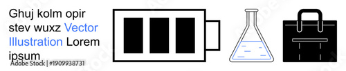 Energy storage, scientific research, business organization, workplace tools, abstract concepts, textual designs. Battery icon, laboratory beaker and briefcase displayed with text. Energy storage