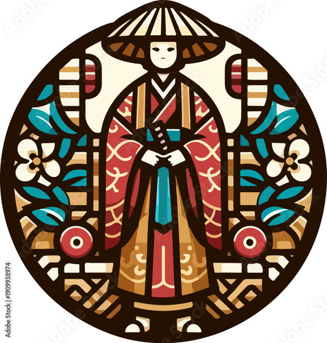 Cute Vector Illustration of a Feudal Japan Military Leader, Featuring a Stern Yet Appealing Expression, Perfect for Children's Media and Educational Content