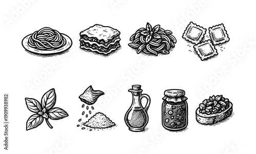 Italian food sketch icon set. Pasta, basil, ravioli, olive oil, seasoning hand-drawn outline