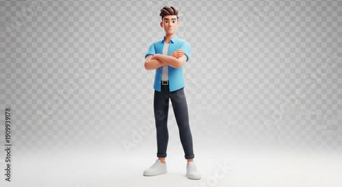 A 3D cartoon illustration of a confident man standing with his arms crossed in a blue shirt and dark pants on a transparent background
