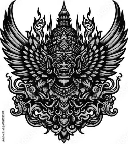 Detailed Golden Carving Style Graphic of Lord Vishnu's Vahana (Mount), Featuring Stylized Feathers, Piercing Eyes, and a Dynamic, Imposing Presence
