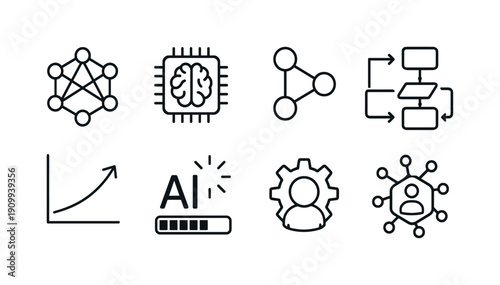 Artificial intelligence and tech line icon set for innovation and development
