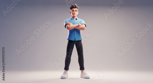 A 3D cartoon man stands confidently with his arms crossed in a modern pose.
