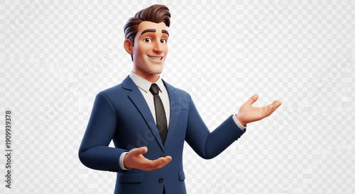 A cartoon businessman in a blue suit and black tie stands with his arms outstretched in a welcoming gesture against a transparent background.