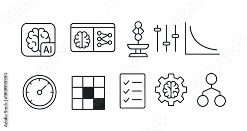 Ai, data science and machine learning line icon set for tech projects