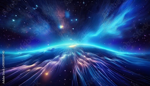 abstract cosmic nebula vibrant blue aurora borealis glowing in dark space milky way stellar