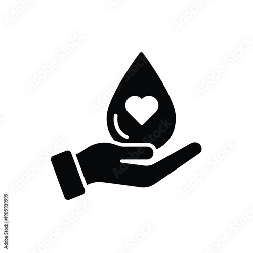 Black hand holding a water drop with heart inside  symbol of care