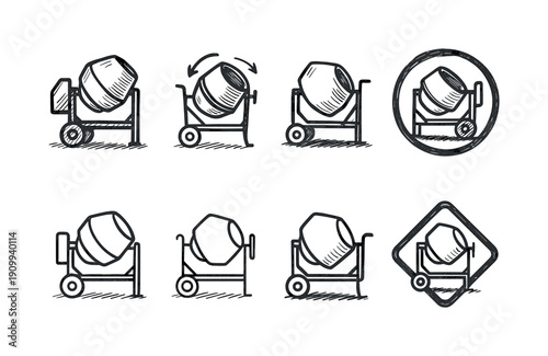Construction, cement mixers outline icon set. Industrial equipment icons collection