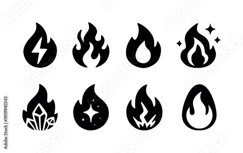 Fire, flame silhouette icon set. Burning, blaze silhouette icons for creative projects