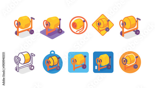Construction equipment 3d icon set. Cement mixer tools, machinery icons collection