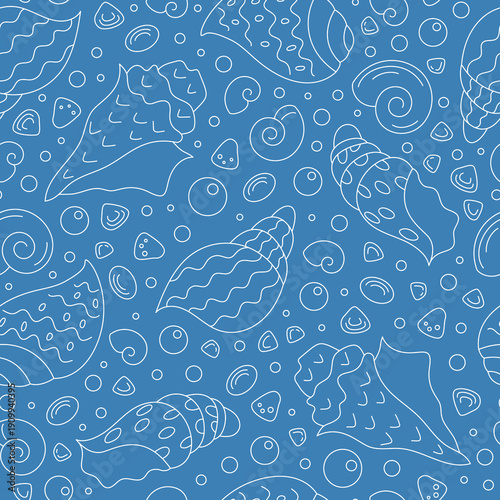 Seamless marine seashell contour pattern in aquatic style. Underwater shells and ocean motifs create an elegant marine line texture. Perfect for ocean backgrounds or aquatic design projects, with