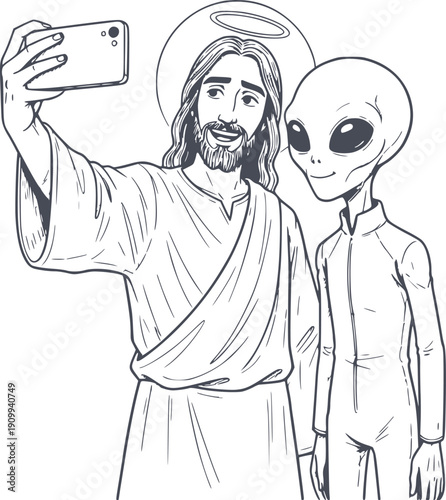 funny hand drawn illustration of jesus christ taking a selfie with a grey alien using a smartphone, concept of religion and extraterrestrial life meeting in modern times