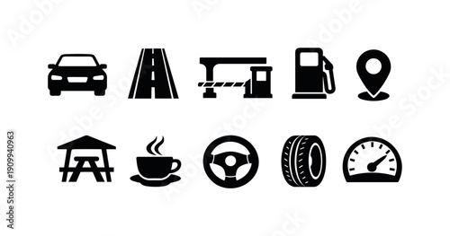 Transportation solid icon set. Travel, navigation, and vehicle icons solid collection