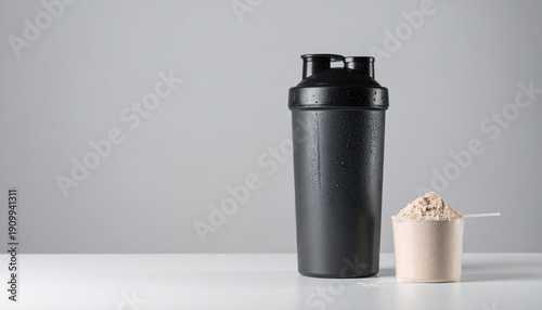 Shaker sportivo nero con misurino di proteine in polvere isolato su sfondo grigio minimalista. Generative AI